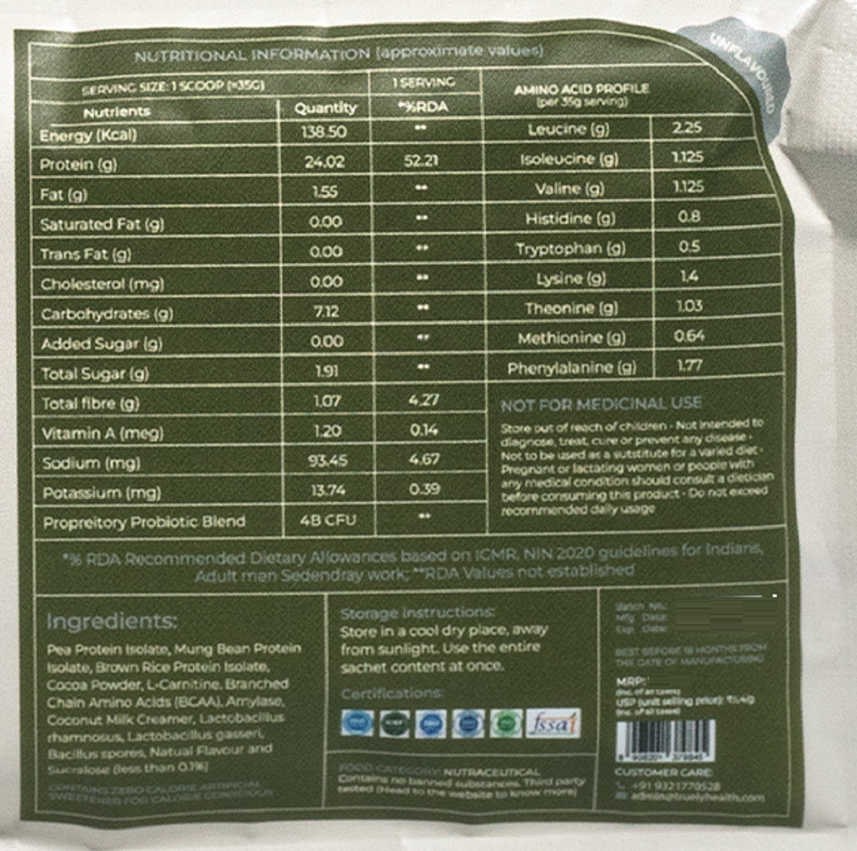 Truely Pro - Vegan Plant Protein | 24g Protein/Serving | 4 Bn CFU Probiotics | 3 Protein Sources - Pea, Brown Rice & Moong Bean | No Artificial Flavours | THIRD-PARTY TESTED | Unflavoured | 1KG
