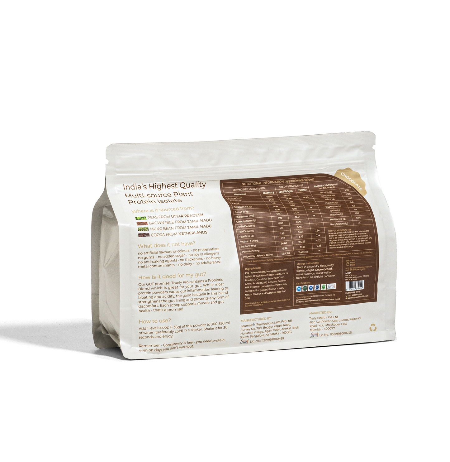 Truely Pro - Vegan Plant Protein | 24g Protein/Serving | 4 Bn CFU Probiotics | 3 Protein Sources - Pea, Brown Rice & Moong Bean | No Artificial Flavours | THIRD-PARTY TESTED | Dark Chocolate | 2KG