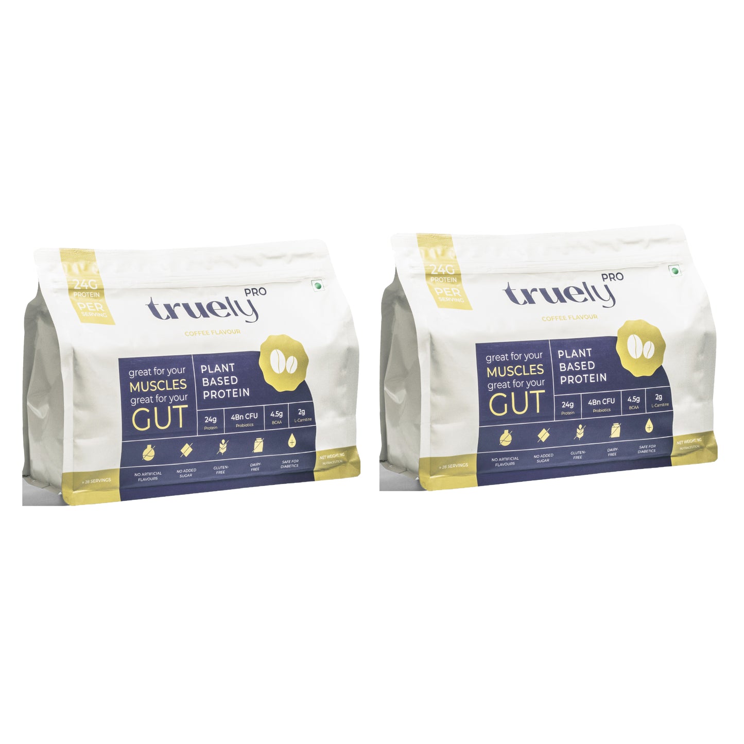 Truely Pro - Vegan Plant Protein | 24g Protein/Serving | 4 Bn CFU Probiotics | 3 Protein Sources - Pea, Brown Rice & Moong Bean | No Artificial Flavours | THIRD-PARTY TESTED | Coffee | 2KG