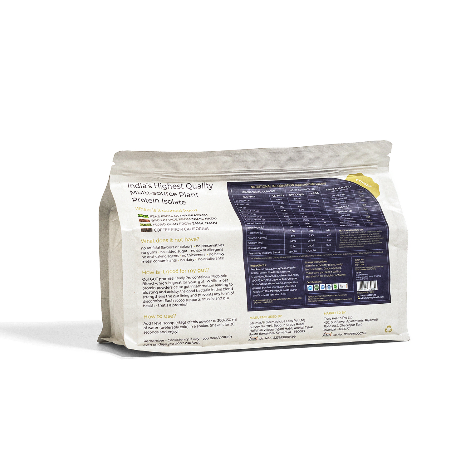Truely Pro - Vegan Plant Protein | 24g Protein/Serving | 4 Bn CFU Probiotics | 3 Protein Sources - Pea, Brown Rice & Moong Bean | No Artificial Flavours | THIRD-PARTY TESTED | Coffee | 2KG