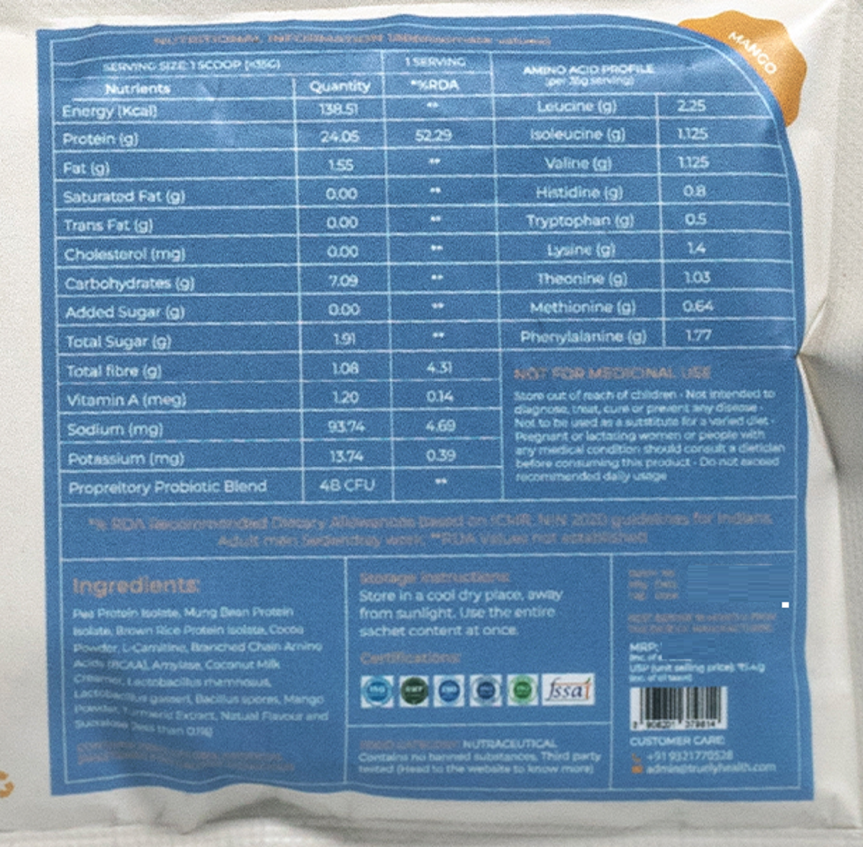 Truely Pro - Vegan Plant Protein | 24g Protein/Serving | 4 Bn CFU Probiotics | 3 Protein Sources - Pea, Brown Rice & Moong Bean | No Artificial Flavours | THIRD-PARTY TESTED | Mango | 2KG