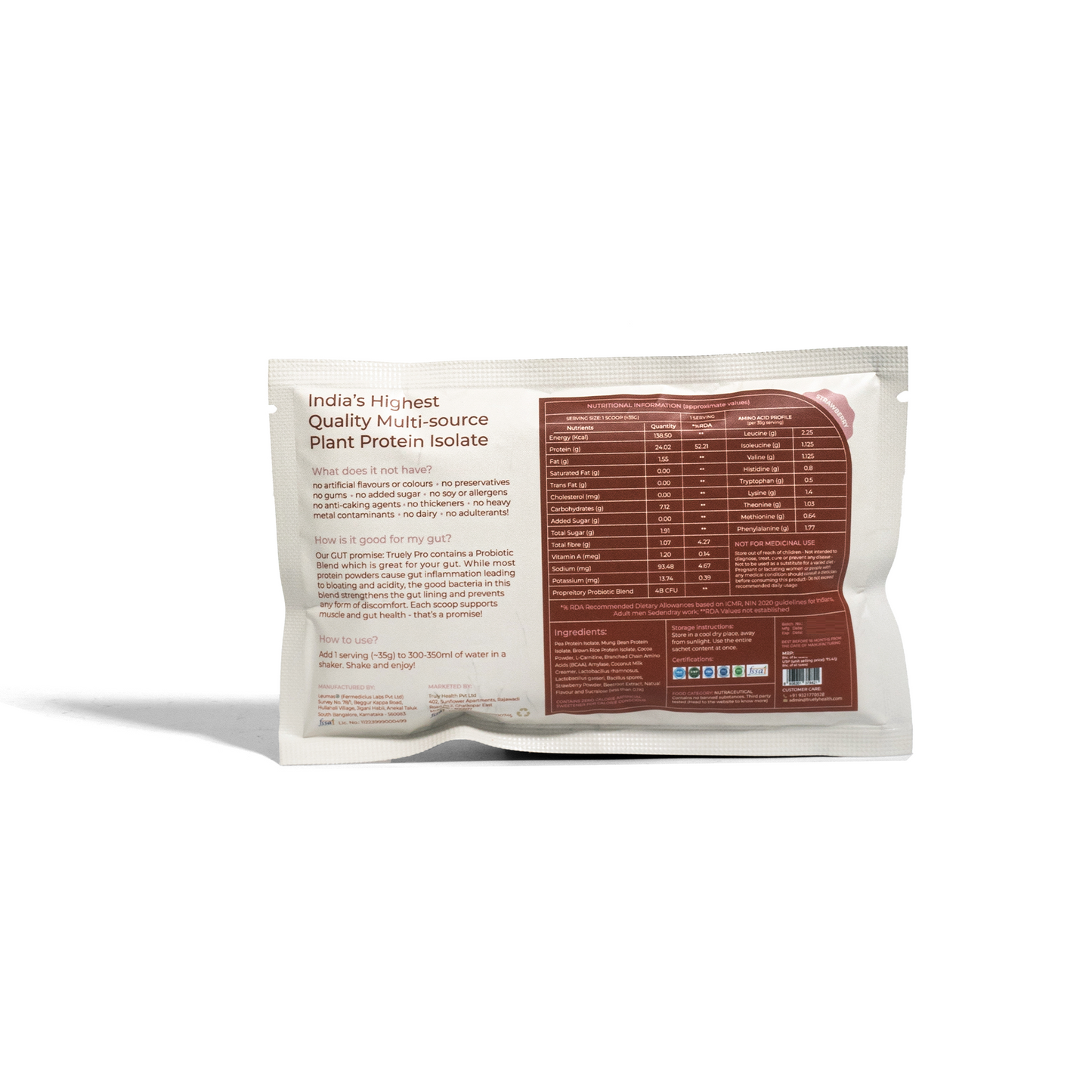 Truely Pro - Vegan Plant Protein | 24g Protein/Serving | 4 Bn CFU Probiotics | 3 Protein Sources - Pea, Brown Rice & Moong Bean | No Artificial Flavours | THIRD-PARTY TESTED | Strawberry | 2KG
