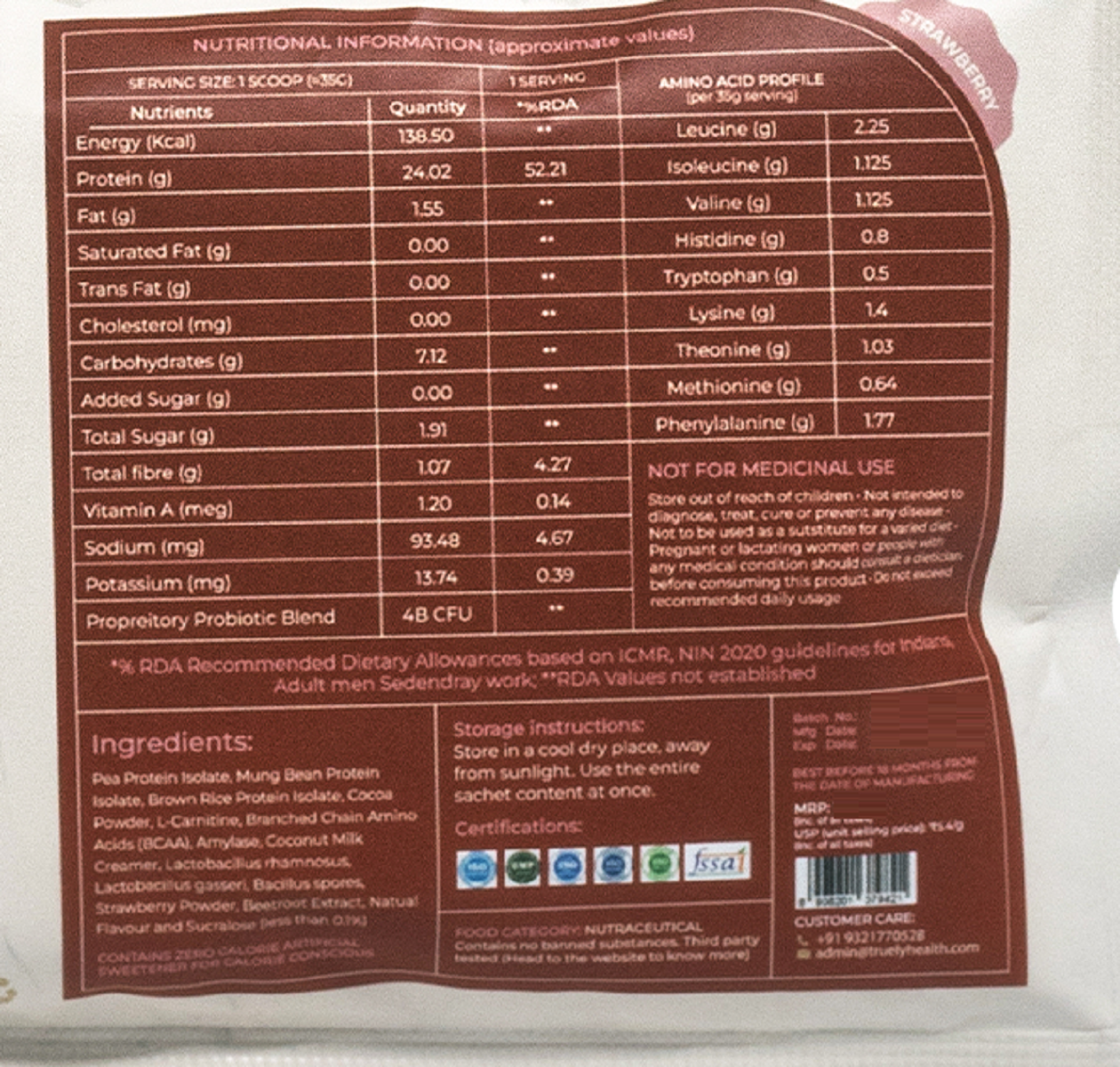 Truely Pro - Vegan Plant Protein | 24g Protein/Serving | 4 Bn CFU Probiotics | 3 Protein Sources - Pea, Brown Rice & Moong Bean | No Artificial Flavours | THIRD-PARTY TESTED | Strawberry | 2KG