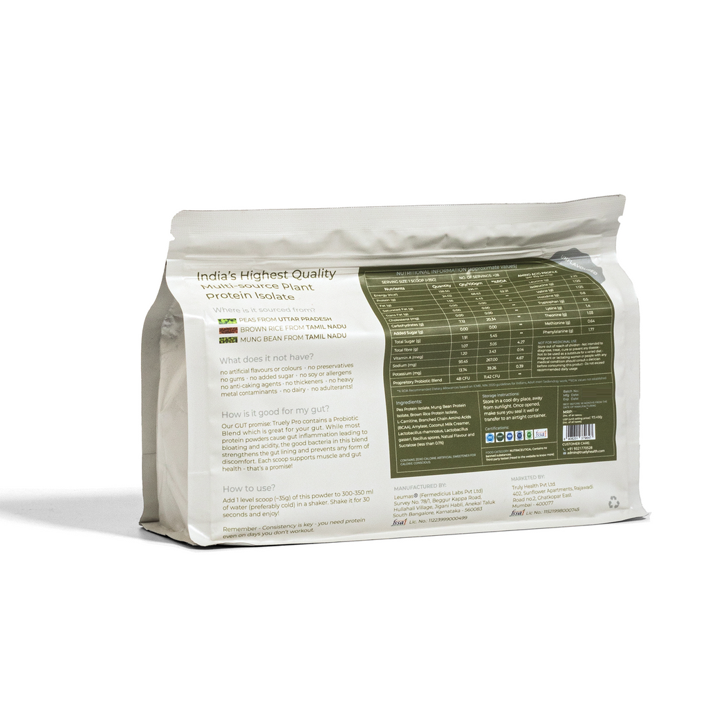 Truely Pro - Vegan Plant Protein | 24g Protein/Serving | 4 Bn CFU Probiotics | 3 Protein Sources - Pea, Brown Rice & Moong Bean | No Artificial Flavours | THIRD-PARTY TESTED | Unflavoured | 2KG