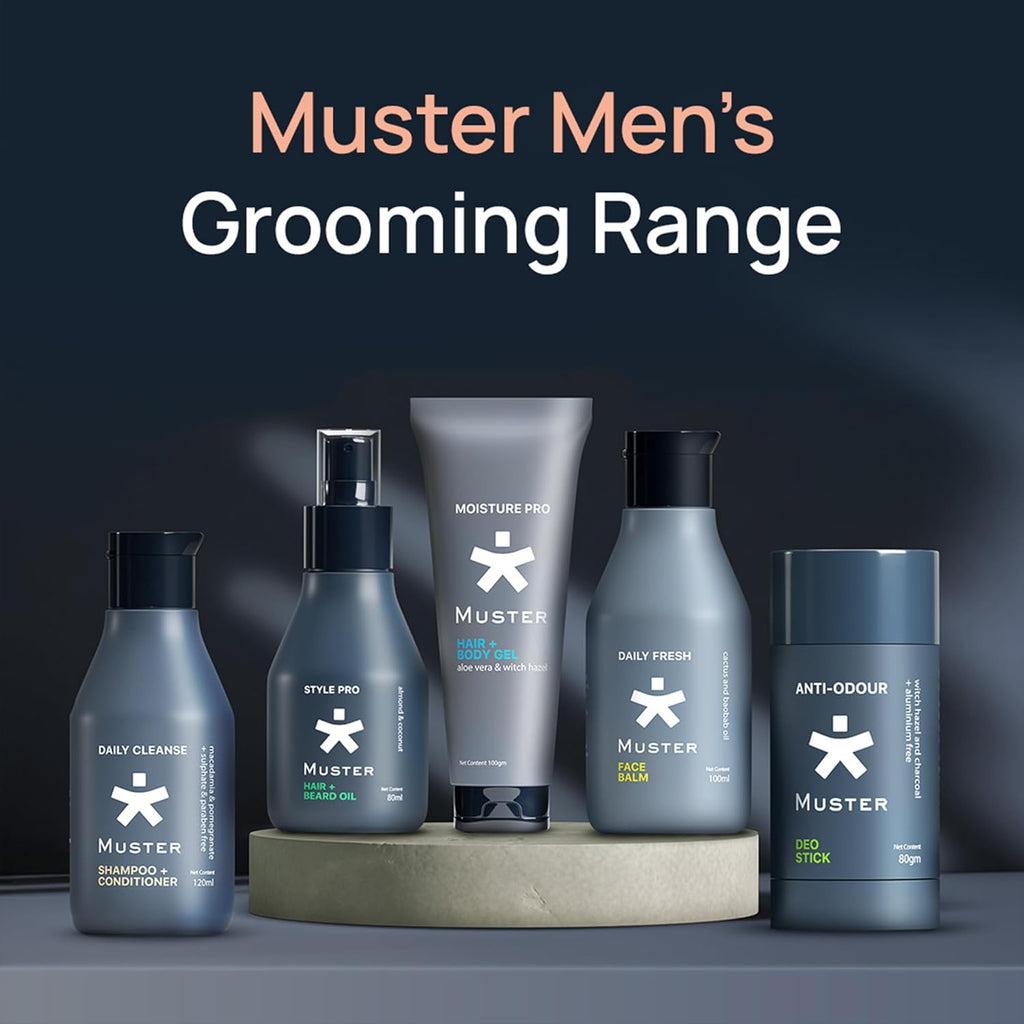 Muster Deep Cleanse Shampoo & Conditioner for Men | 120 ML | Sulphate & Paraben Free | Macadamia and Pomegranate Extracts | 2-in-1 Shampoo+Conditioner | UV Protection | Hair Growth (Pack of 2)