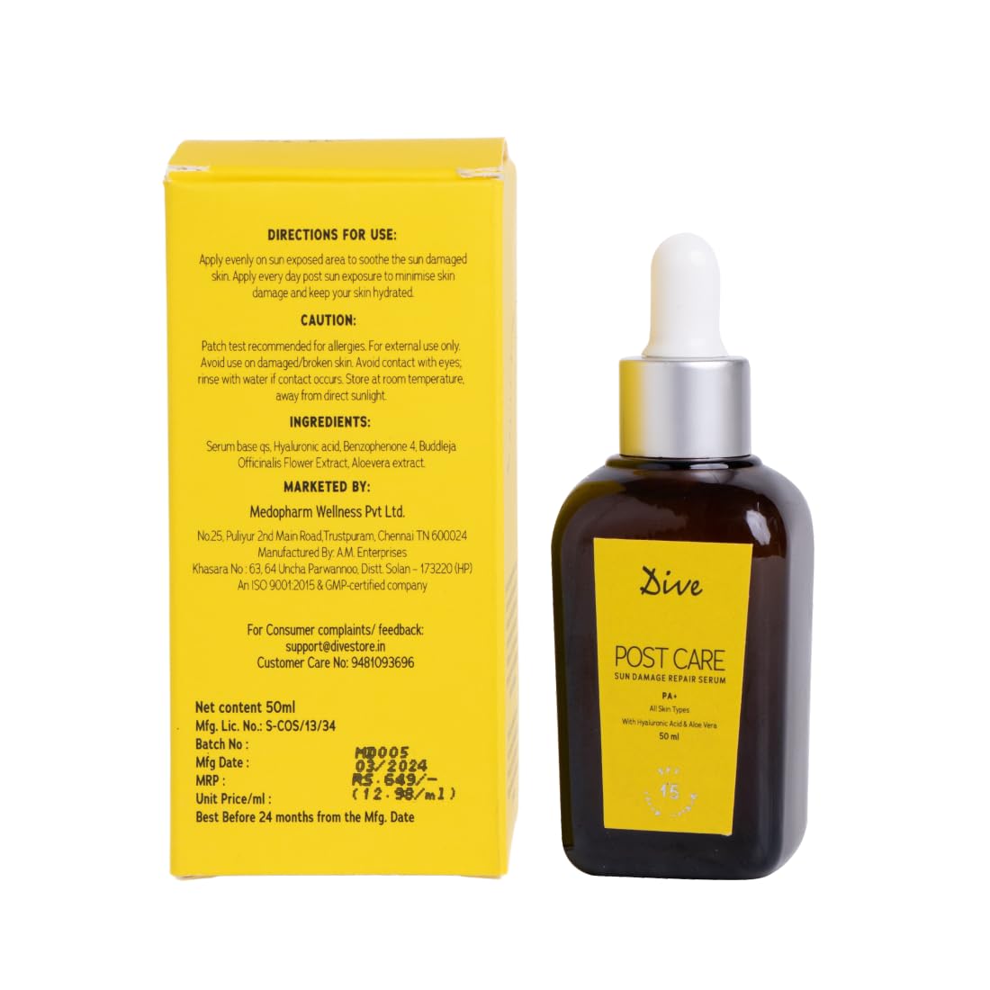 DIVE Post Care After Sun Damage Repair Serum | SPF 15 | PA++ | Non-Greasy | Sunburn Relief | Hydrating | Soothes and Repairs Damaged Skin | Non-Comedogenic | All Skin Type - 50ml