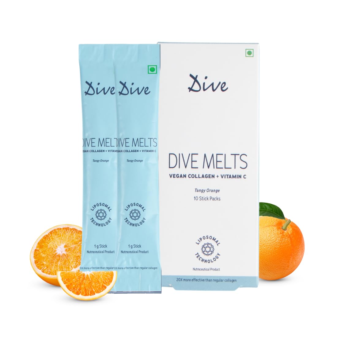 DIVE Melts Vegan Collagen, Vit C Women & Men, Improves Skin Hydration, Texture & Evens Skin Tone, Hair, Joints & Bones, Youthful Glowing And Boost Skin Radiance, 10 Sticks, Orange Flavour