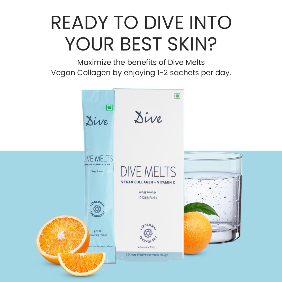 DIVE Melts Vegan Collagen, Vit C Women & Men, Improves Skin Hydration, Texture & Evens Skin Tone, Hair, Joints & Bones, Youthful Glowing And Boost Skin Radiance, 10 Sticks, Orange Flavour