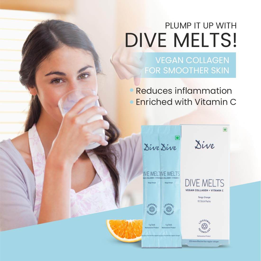 DIVE Melts Vegan Collagen, Vit C Women & Men, Improves Skin Hydration, Texture & Evens Skin Tone, Hair, Joints & Bones, Youthful Glowing And Boost Skin Radiance, 10 Sticks, Orange Flavour