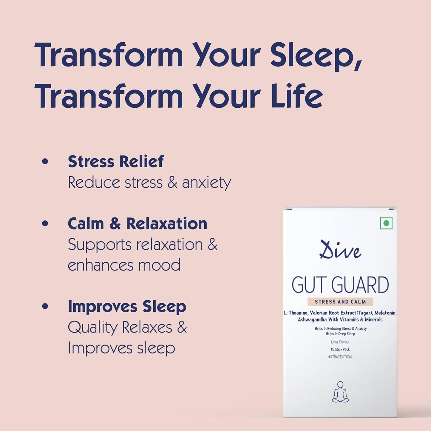 Dive Gut Guard Stress & Calm for Healthy Deep Sleep & Stress Relief | Melatonin | Probiotic Supplement for Men & Women | Lime Flavour | 15 Days Pack