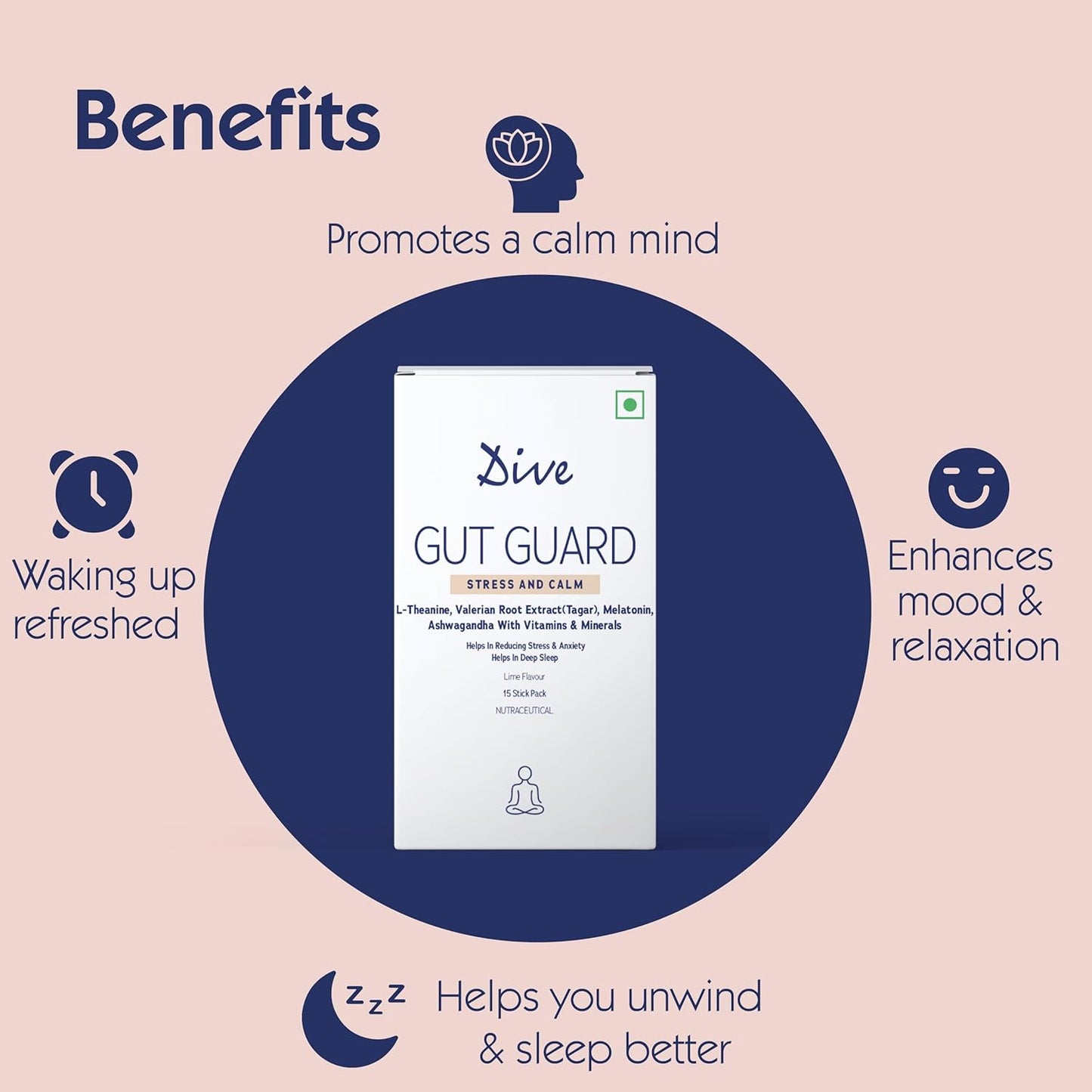 Dive Gut Guard Stress & Calm for Healthy Deep Sleep & Stress Relief | Melatonin | Probiotic Supplement for Men & Women | Lime Flavour | 15 Days Pack