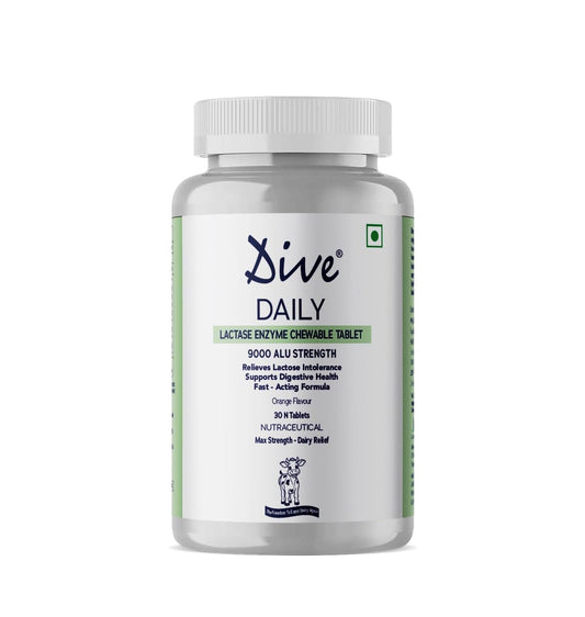 DIVE Daily Lactase Enzyme | Chewable Tablet | Dairy Relief Supplement | 9000 ALU Strength | Prevents Gas, Bloating, Diarrhea | 100% Vegetarian | Sugar-Free | Orange Flavour, 30 Count