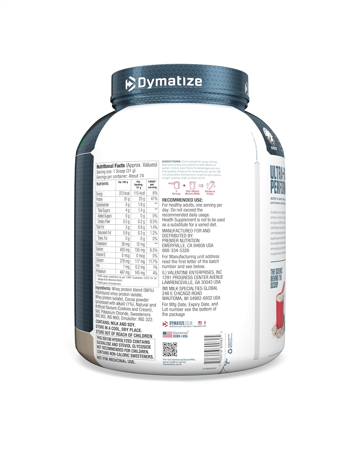 Dymatize Nutrition ISO 100 5 lbs Whey Protein Powder with Hydrolyzed 100% Whey Protein Isolate, Gluten Free, Fast Digestion, Cookies & Cream, 2.26 Kg