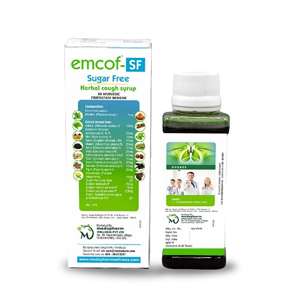 Emcof Ayurvedic Sugar-Free Cough Syrup: Relieve Your Cough Naturally with Our Herbal Formula - Buy Now for Fast Relief! (Pack of 5)