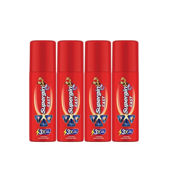 Medopharm Wellness Supergin Fast Pain Relief Spray - 50ml (Pack of 3+1) | Instant Relief for Sprains, Muscle, Back, Joint, Shoulder, and Knee Pain Stain-Free Spray | Ideal for Sports & Gym Injuries