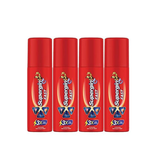 Medopharm Wellness Supergin Fast Pain Relief Spray - 50ml (Pack of 3+1) | Instant Relief for Sprains, Muscle, Back, Joint, Shoulder, and Knee Pain Stain-Free Spray | Ideal for Sports & Gym Injuries