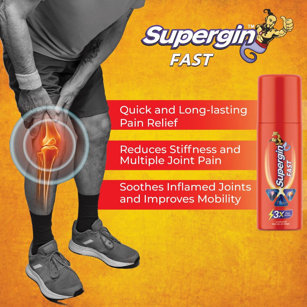 Medopharm Wellness Supergin Fast Pain Relief Spray - 50ml (Pack of 3+1) | Instant Relief for Sprains, Muscle, Back, Joint, Shoulder, and Knee Pain Stain-Free Spray | Ideal for Sports & Gym Injuries
