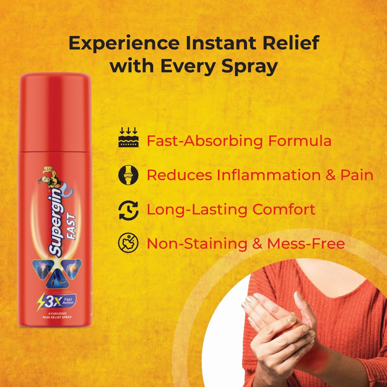 Medopharm Wellness Supergin Fast Pain Relief Spray - 50ml (Pack of 3+1) | Instant Relief for Sprains, Muscle, Back, Joint, Shoulder, and Knee Pain Stain-Free Spray | Ideal for Sports & Gym Injuries