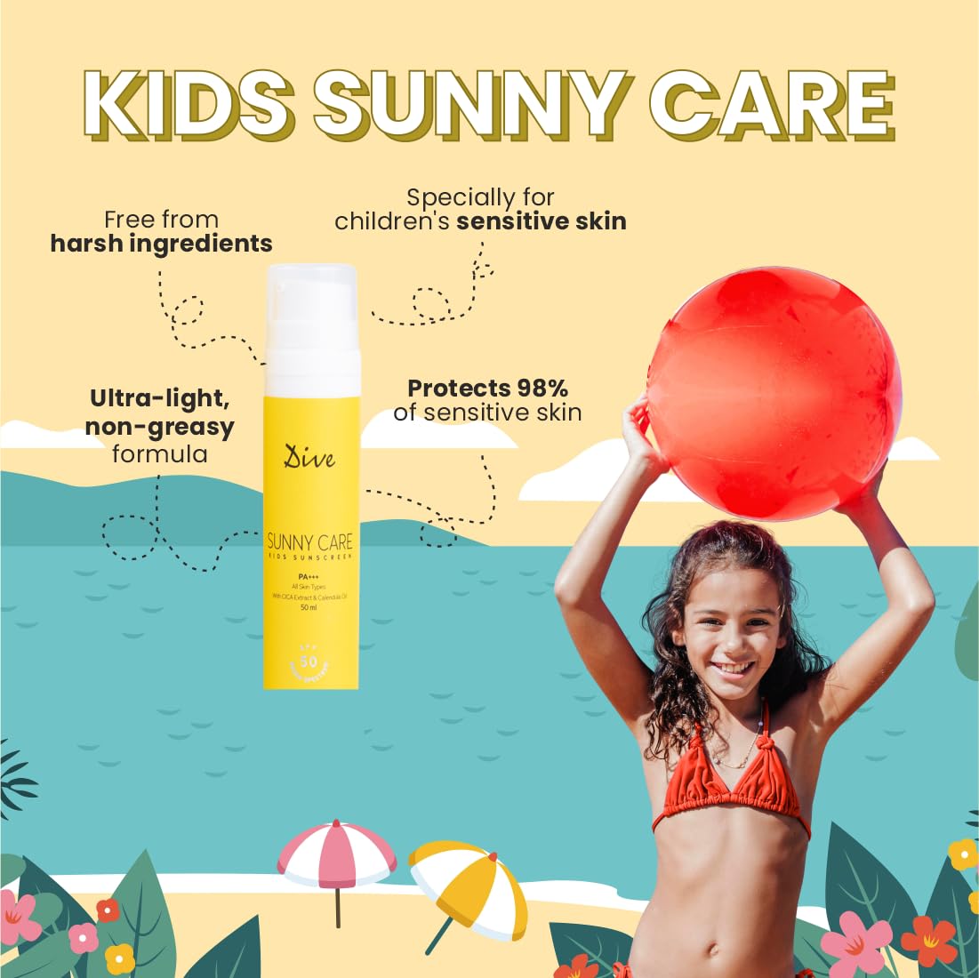 DIVE SPF 50 SUNNY CARE KIDS SUNSCREEN and AFTER SUN SOOTHER | Broad Spectrum Sunscreen for UVA/UVB, PA+++Protection | Free from Harmful Chemicals | Sun-Damage Repair (Pack of 2)