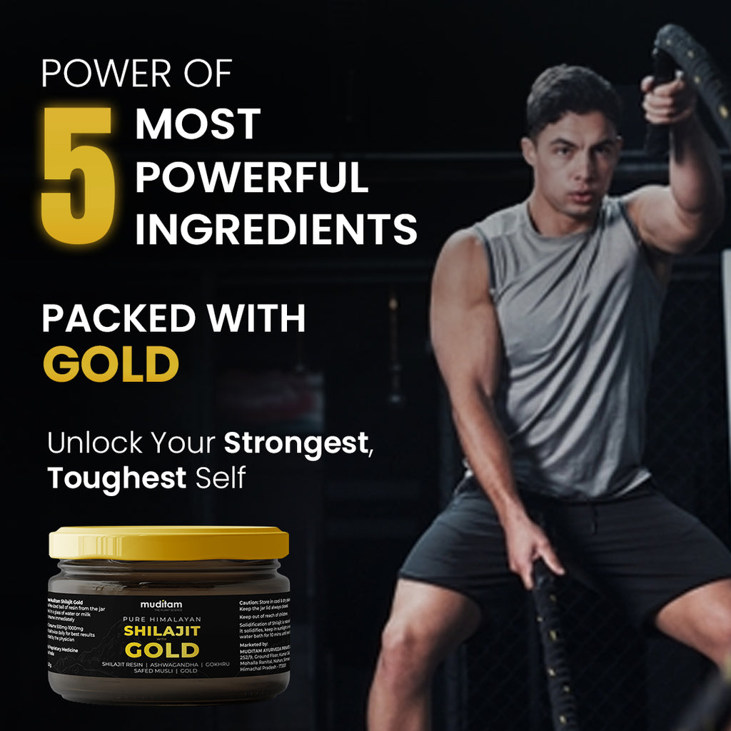 Muditam Ayurveda Shilajit Gold | boost in Strength, Stamina & Muscle building | Clinically Proven Strain | 100% Ayurvedic | 20g