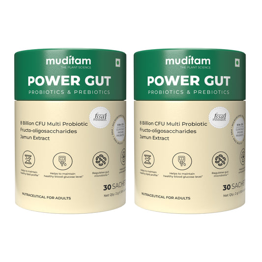 Muditam Ayurveda Power Gut - Prebiotics & Probiotics Supplement | Constipation, Bloating, Gas & Acidity Relief | Clinically Proven Strain | 60 Sachet (Pack Of 2)
