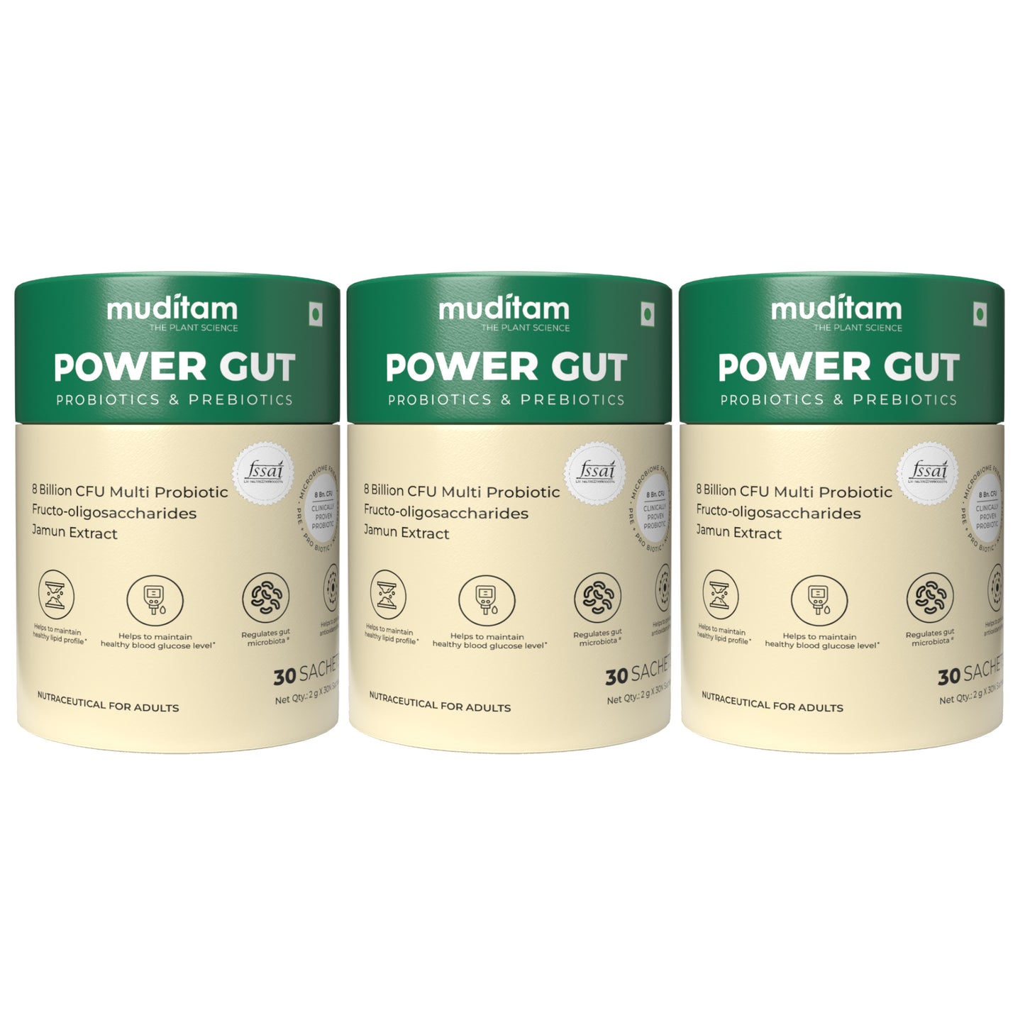 Muditam Ayurveda Power Gut - Prebiotics & Probiotics Supplement | Constipation, Bloating, Gas & Acidity Relief | Clinically Proven Strain | 90 Sachet (Pack of 3)