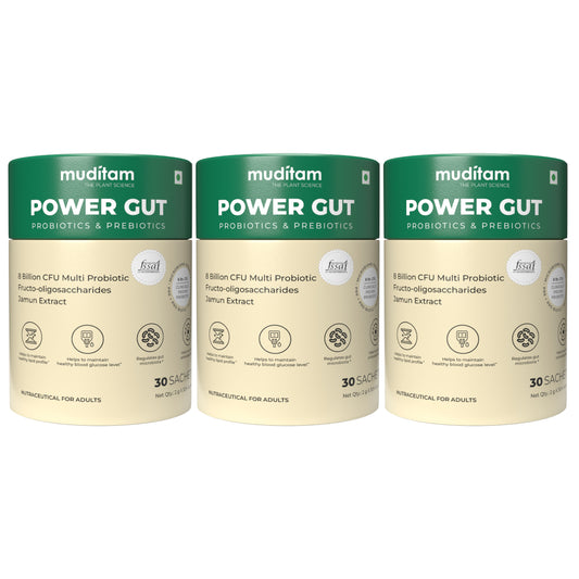 Muditam Ayurveda Power Gut - Prebiotics & Probiotics Supplement | Constipation, Bloating, Gas & Acidity Relief | Clinically Proven Strain | 90 Sachet (Pack of 3)