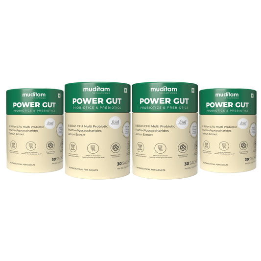 Muditam Ayurveda Power Gut - Prebiotics & Probiotics Supplement | Constipation, Bloating, Gas & Acidity Relief | Clinically Proven Strain | 120 Sachet (Pack of 4)