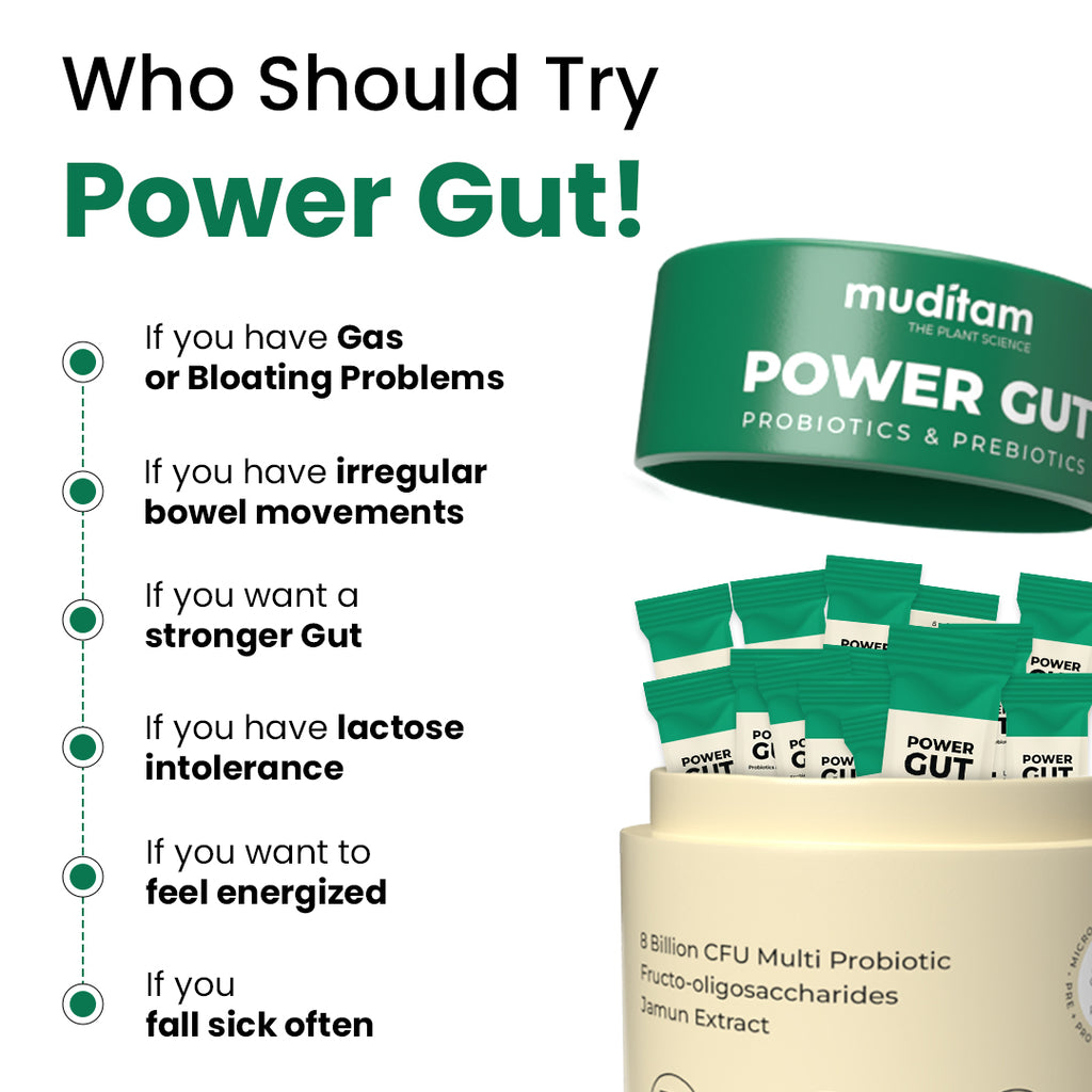 Muditam Ayurveda Power Gut - Prebiotics & Probiotics Supplement | Constipation, Bloating, Gas & Acidity Relief | Clinically Proven Strain | 180 Sachet (Pack of 6)