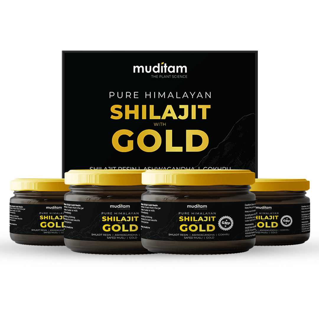 Muditam Ayurveda Shilajit Gold | boost in Strength, Stamina & Muscle building | Clinically Proven Strain | 100% Ayurvedic | 20g (Pack of 4)