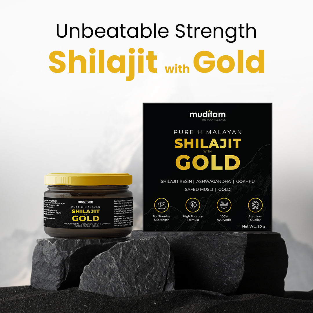 Muditam Ayurveda Shilajit Gold | boost in Strength, Stamina & Muscle building | Clinically Proven Strain | 100% Ayurvedic | 20g (Pack of 4)