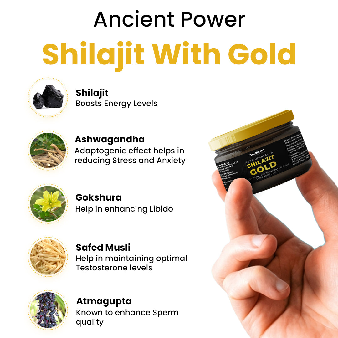 Muditam Ayurveda Shilajit Gold | boost in Strength, Stamina & Muscle building | Clinically Proven Strain | 100% Ayurvedic | 20g (Pack of 4)
