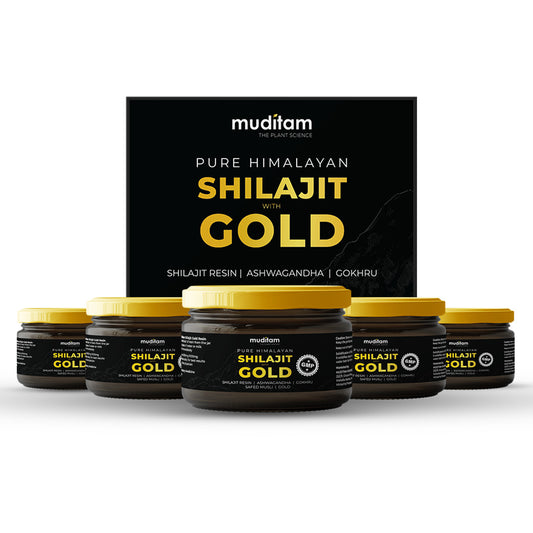 Muditam Ayurveda Shilajit Gold | boost in Strength, Stamina & Muscle building | Clinically Proven Strain | 100% Ayurvedic | 20g (Pack of 5)