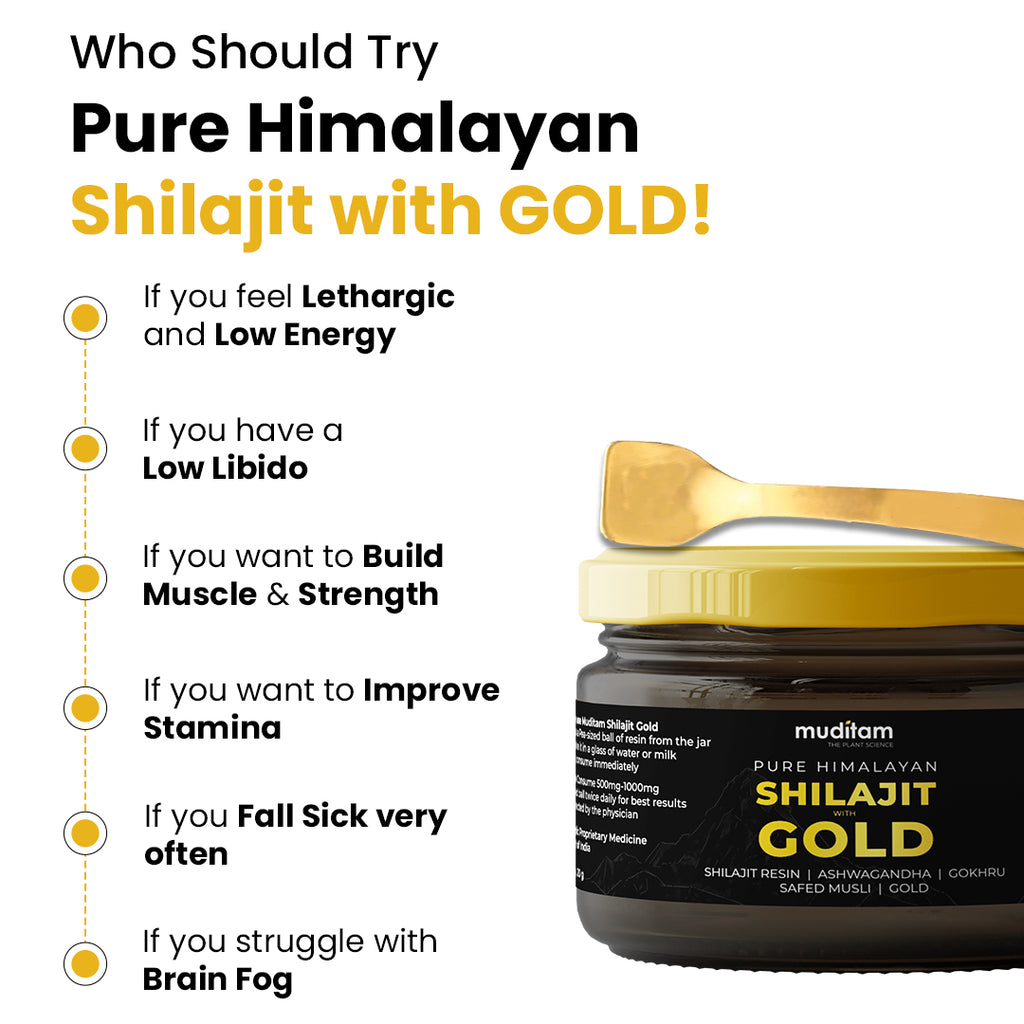 Muditam Ayurveda Shilajit Gold | boost in Strength, Stamina & Muscle building | Clinically Proven Strain | 100% Ayurvedic | 20g (Pack of 5)