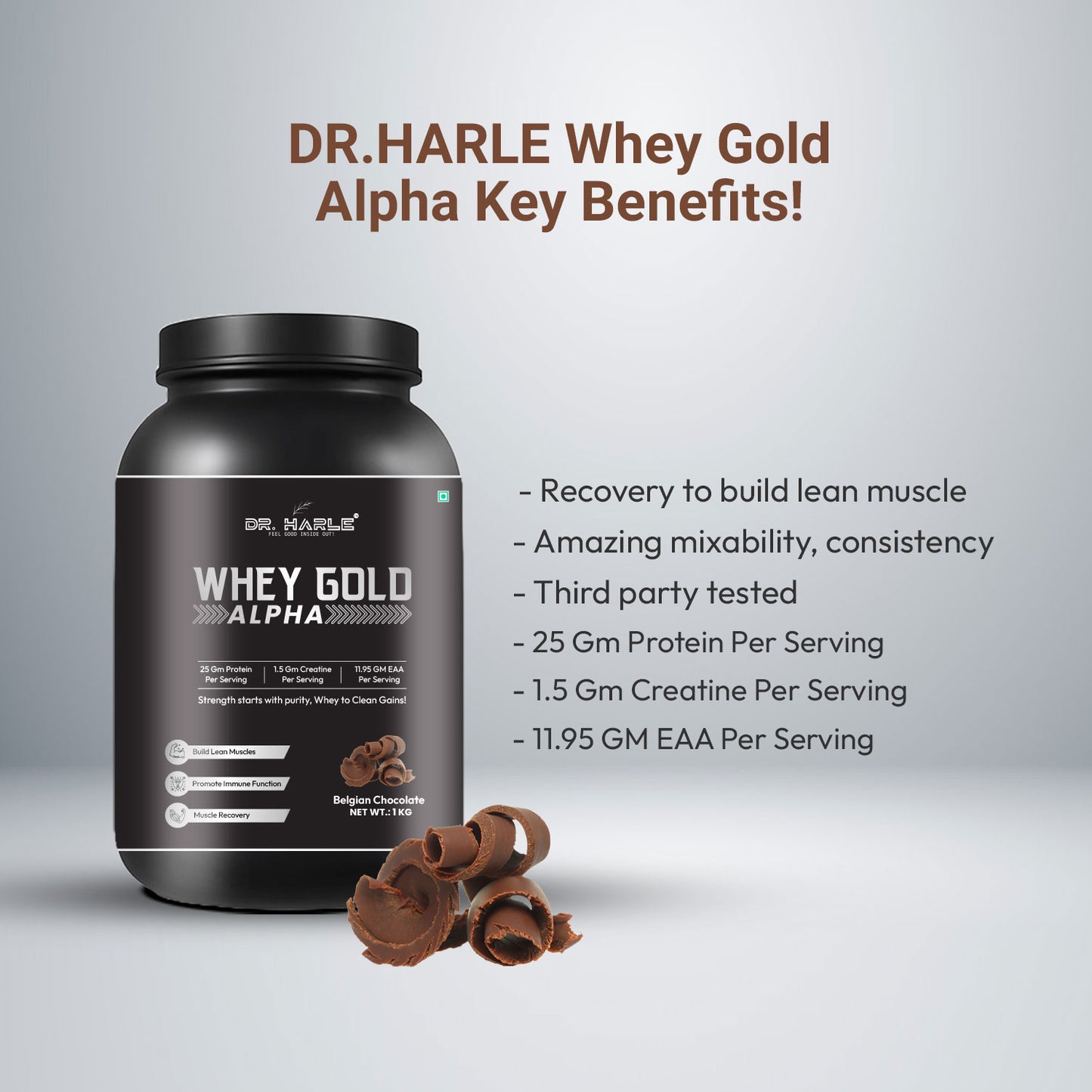 DR. HARLE Alpha Whey Protein Powder 1kg | Gold Standard Whey for Muscle Building, Rich in Amino Acids, 26g Protein, 11.9g EAA, Gluten & Sugar Free Protein Supplement - 1Kg Belgian Chocolate