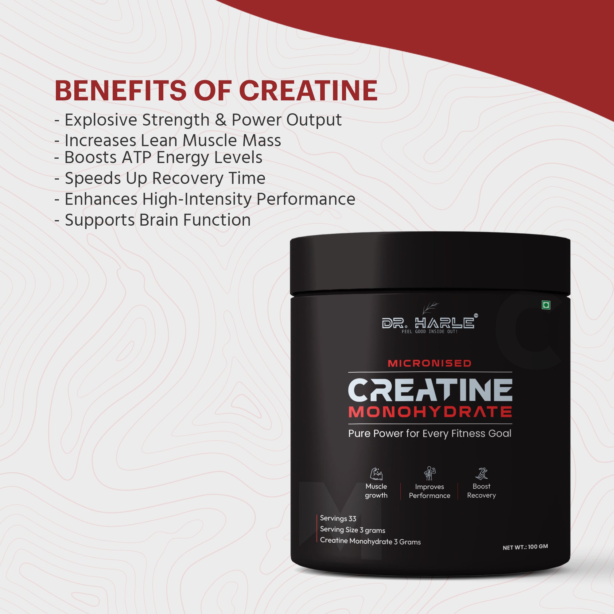 DR. HARLE Pure Creatine Monohydrate Powder 3g Per Serving | Unflavored Micronized for Muscle Growth, Strength & Recovery | 100gm 33 Servings | Dope Free Creatine Mono Hydrate Supplement