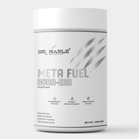 Dr. Harle Meta Fuel BCAA + EAA Powder | 2:1:1 Ratio | All 9 Essential Amino Acids + Electrolytes | Zero Sugar | Fruit Punch Flavor | 250Gm