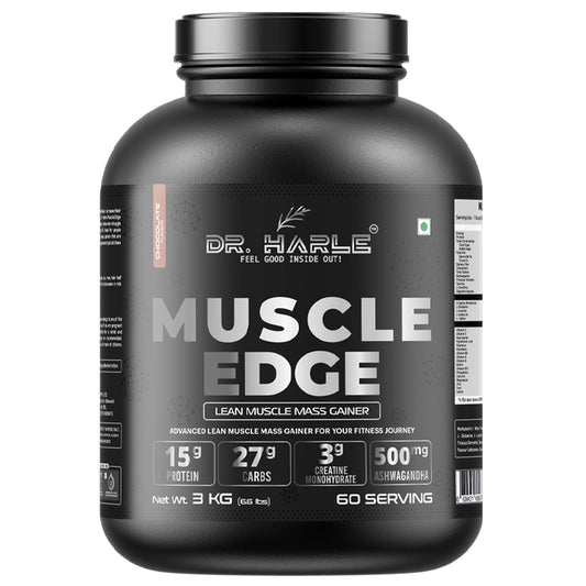 DR. HARLE's Muscle Edge Lean Mass Gainer 3kg | Weight Gainer for Men & Women | 15g Protein per Serving, Ashwagandha 500mg, Creatine 3g, Tribulus 500mg and 17 Vitamins & Minerals | 3kg Chocolate Flavour