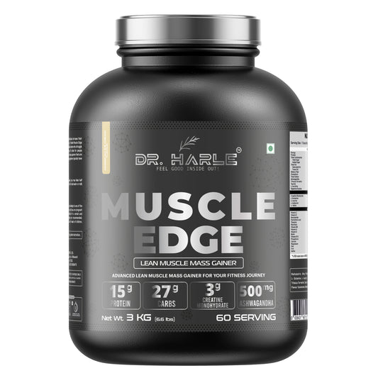 DR. HARLE's Muscle Edge Lean Muscle Mass Gainer 3kg | Weight Gainer for Men & Women | 15g Protein per Serving, Ashwagandha 500mg, Creatine 3g and 17 Vitamins & Minerals | 3kg American Icecream Flavour