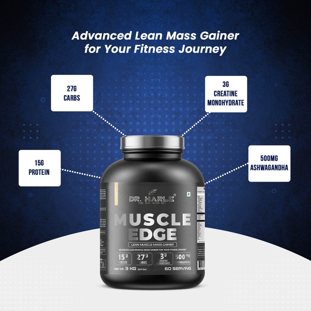 DR. HARLE's Muscle Edge Lean Muscle Mass Gainer 3kg | Weight Gainer for Men & Women | 15g Protein per Serving, Ashwagandha 500mg, Creatine 3g and 17 Vitamins & Minerals | 3kg American Icecream Flavour