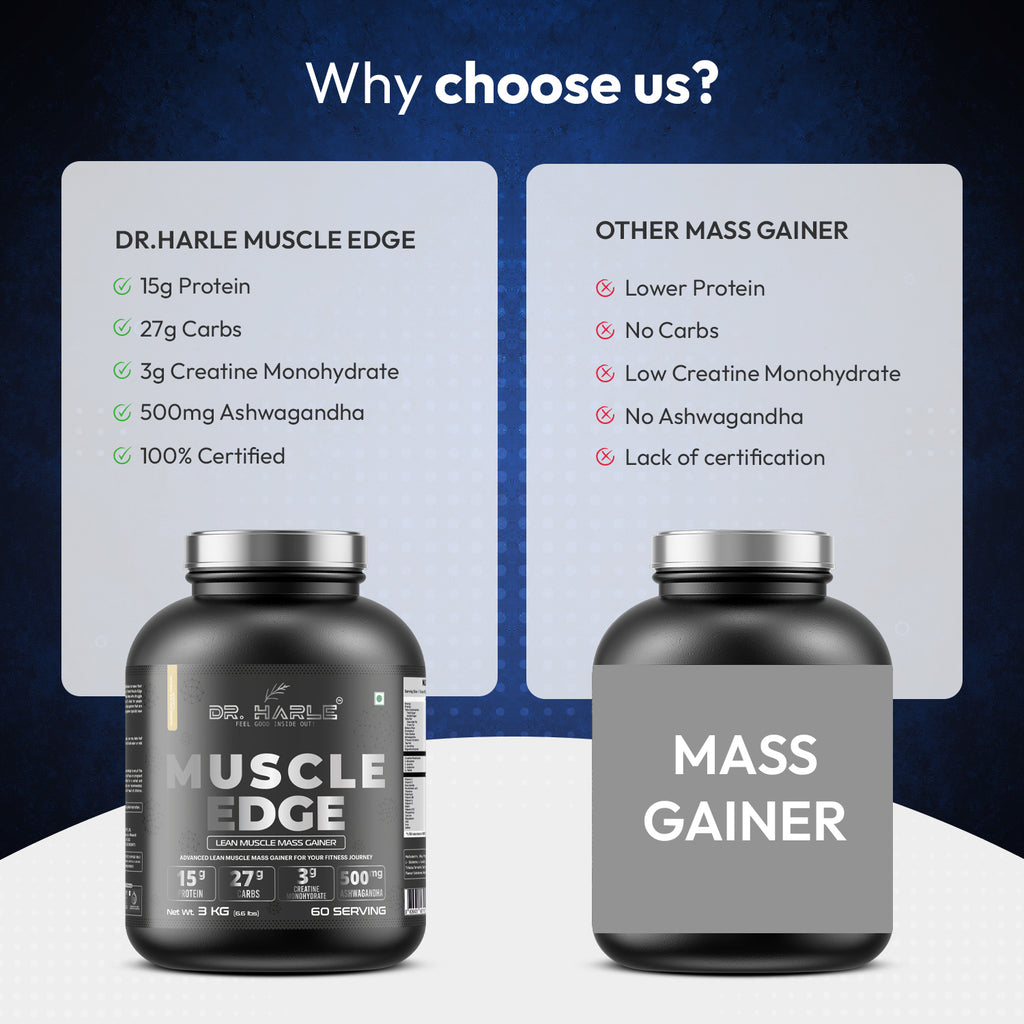 DR. HARLE's Muscle Edge Lean Muscle Mass Gainer 3kg | Weight Gainer for Men & Women | 15g Protein per Serving, Ashwagandha 500mg, Creatine 3g and 17 Vitamins & Minerals | 3kg American Icecream Flavour