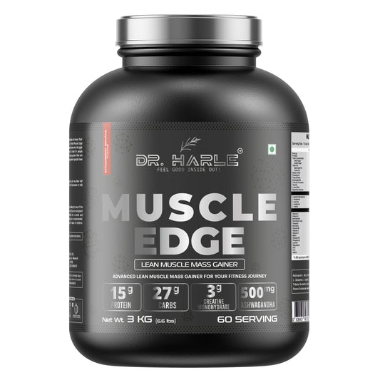 DR. HARLE's Muscle Edge Lean Muscle Mass Gainer 3kg | Weight Gainer for Men & Women | 15g Protein/Serving, Ashwagandha 500mg, Creatine 3g, Tribulus 500mg and 17 Vitamins & Minerals | 60 Servings 3kg Banana Strawberry Flavour