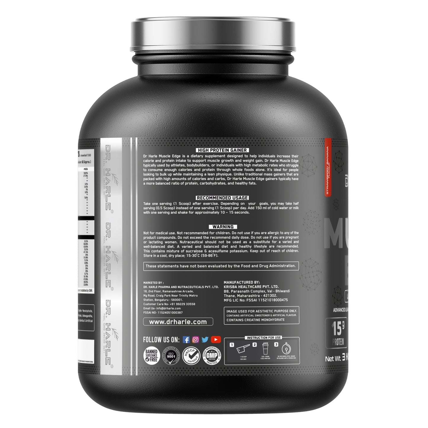 DR. HARLE's Muscle Edge Lean Muscle Mass Gainer 3kg | Weight Gainer for Men & Women | 15g Protein/Serving, Ashwagandha 500mg, Creatine 3g, Tribulus 500mg and 17 Vitamins & Minerals | 60 Servings 3kg Banana Strawberry Flavour