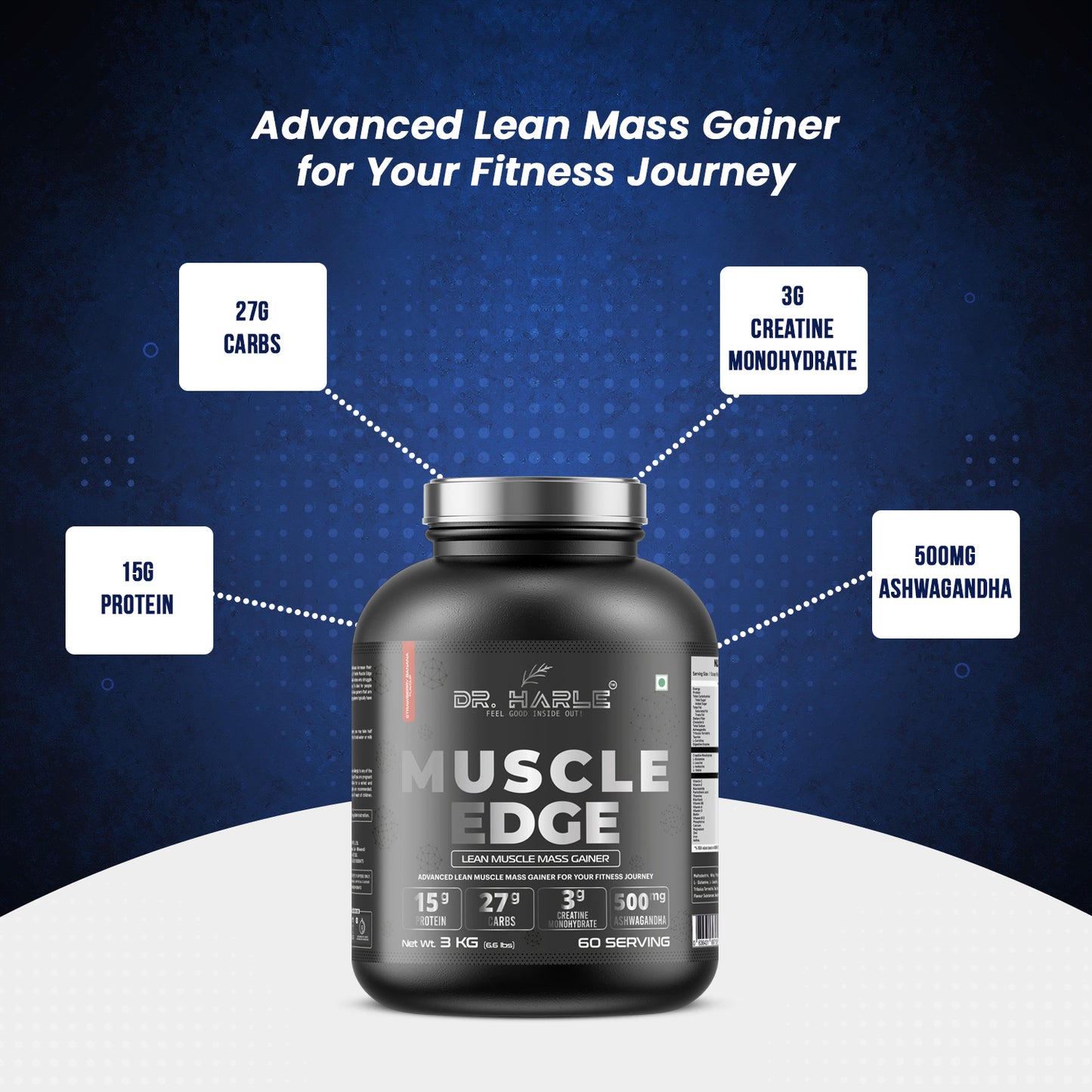 DR. HARLE's Muscle Edge Lean Muscle Mass Gainer 3kg | Weight Gainer for Men & Women | 15g Protein/Serving, Ashwagandha 500mg, Creatine 3g, Tribulus 500mg and 17 Vitamins & Minerals | 60 Servings 3kg Banana Strawberry Flavour