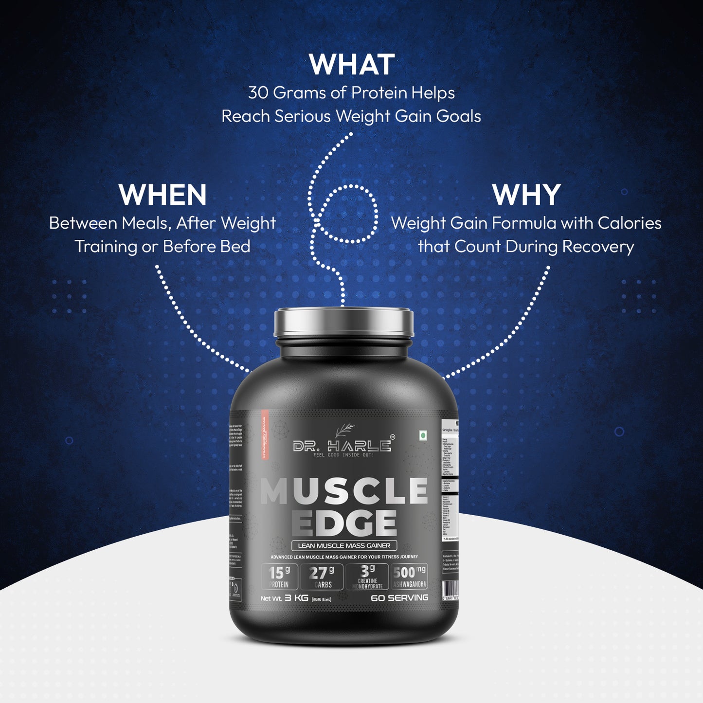 DR. HARLE's Muscle Edge Lean Muscle Mass Gainer 3kg | Weight Gainer for Men & Women | 15g Protein/Serving, Ashwagandha 500mg, Creatine 3g, Tribulus 500mg and 17 Vitamins & Minerals | 60 Servings 3kg Banana Strawberry Flavour