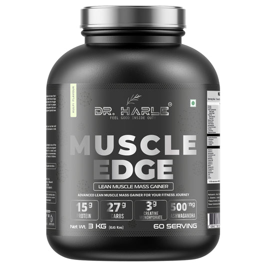 DR. HARLE's Muscle Edge Lean Mass Gainer 3kg | Weight Gainer for Men & Women | 15g Protein per Serving, Ashwagandha 500mg, Creatine 3g, Tribulus 500mg and 17 Vitamins & Minerals | 3kg Kulfi Flavour