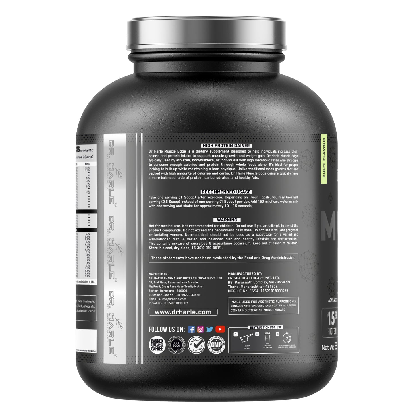 DR. HARLE's Muscle Edge Lean Mass Gainer 3kg | Weight Gainer for Men & Women | 15g Protein per Serving, Ashwagandha 500mg, Creatine 3g, Tribulus 500mg and 17 Vitamins & Minerals | 3kg Kulfi Flavour