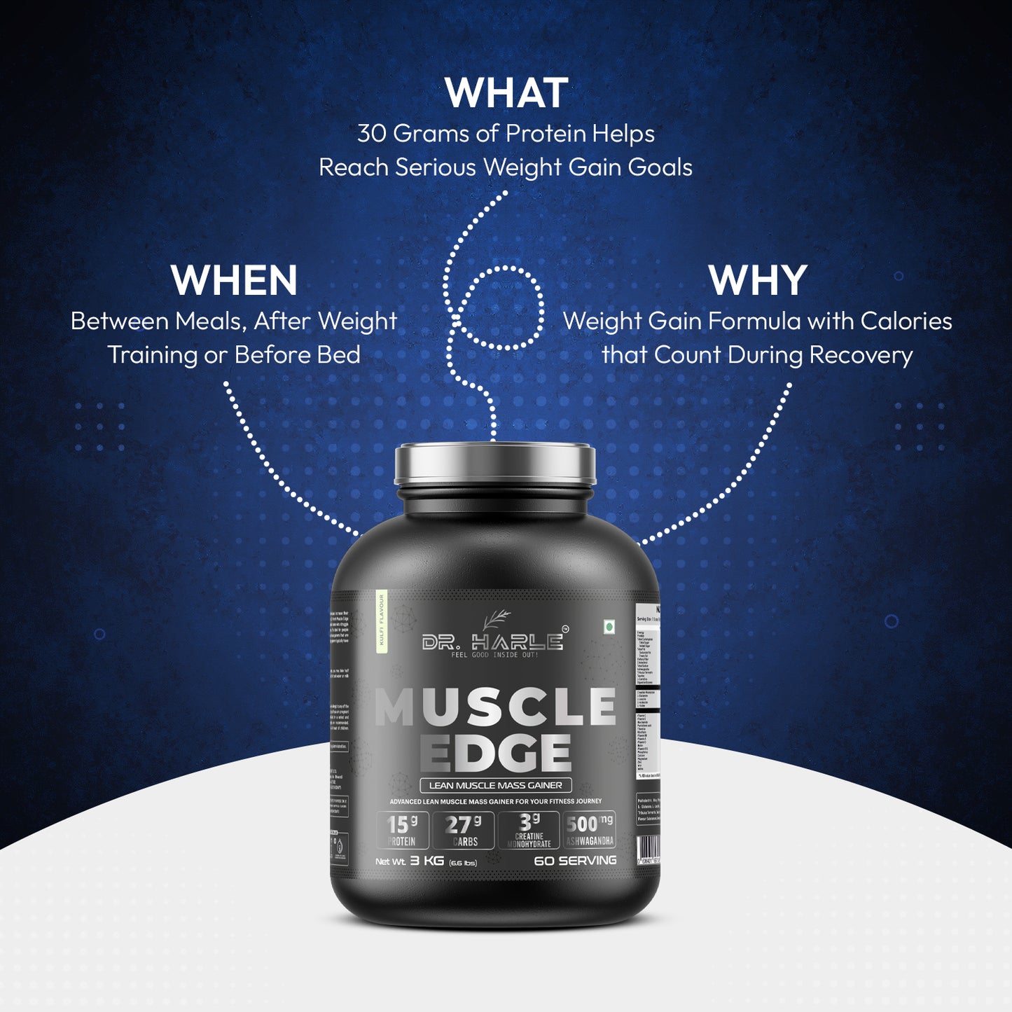 DR. HARLE's Muscle Edge Lean Mass Gainer 3kg | Weight Gainer for Men & Women | 15g Protein per Serving, Ashwagandha 500mg, Creatine 3g, Tribulus 500mg and 17 Vitamins & Minerals | 3kg Kulfi Flavour