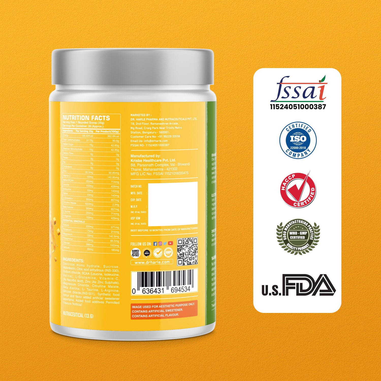 DR. HARLE Ionix Isotonic Energy Drink Powder – 1kg Mango Flavor | Electrolyte & Hydration Support