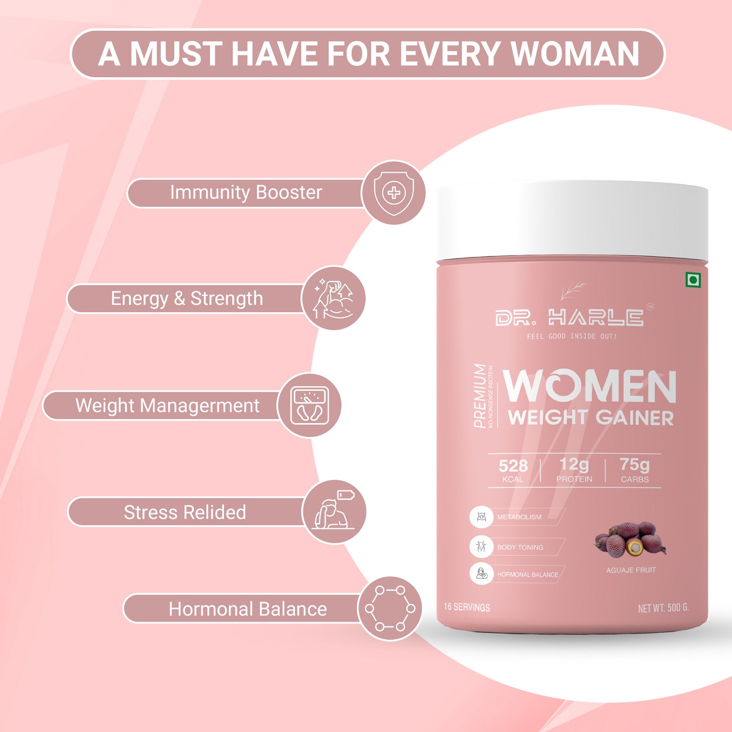 DR. HARLE Weight Gainer for Women with Aguaje Fruit Extract, 25+ Vitamins & Minerals | Curve & Muscle Enhancing Mass Gainer Supplement – Belgian Chocolate Flavor, 500g Weight Gain Protein Powder for Females